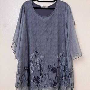 Sese Code Elegant Blue Floral Sheer Overlay Women's Career Blouse Top Size 3XL‎